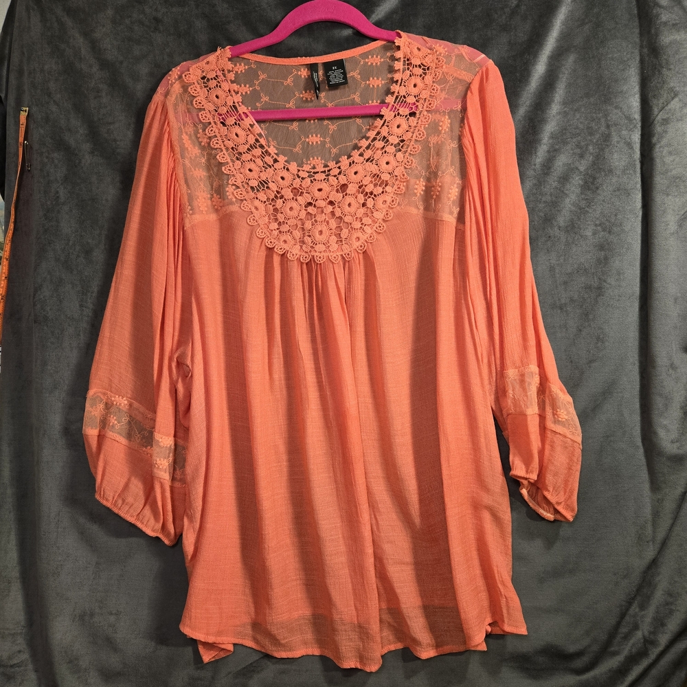 New Directions Orange Sheer Lace Detail Blouse